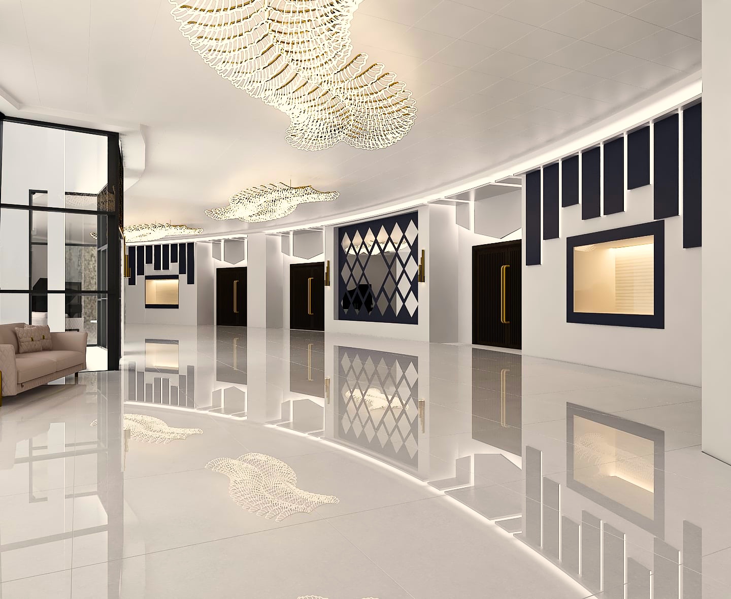 Polished corridor view inside Palacio Event Centre with reflective flooring